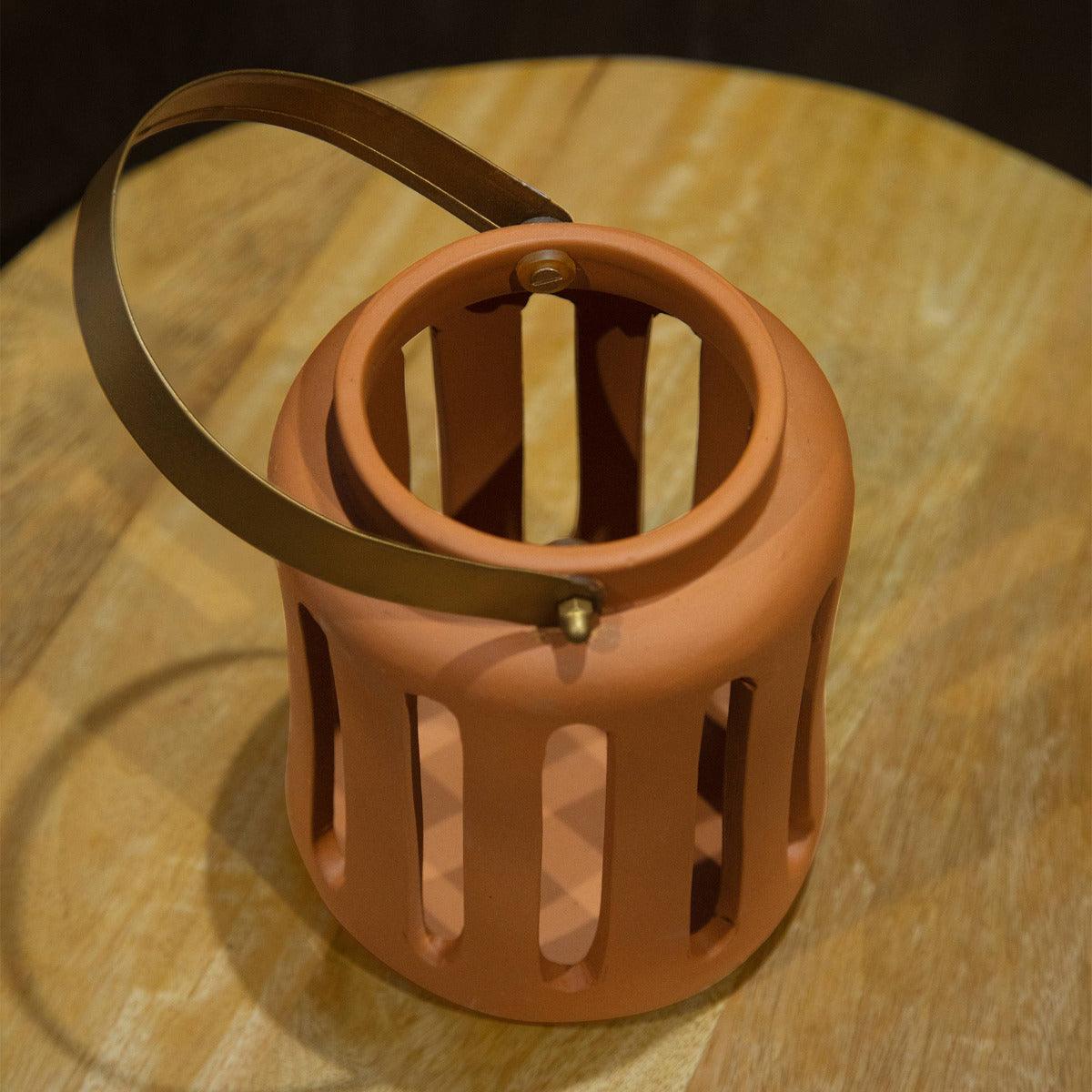 Lupa Terracotta Round Lantern W/Metal Handle - Large