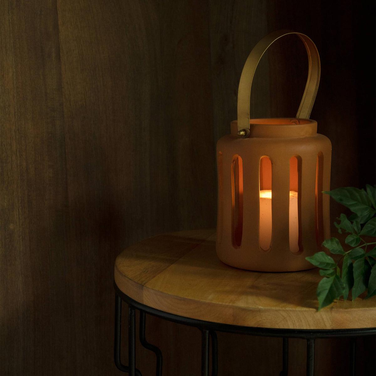Lupa Terracotta Round Lantern W/Metal Handle - Large