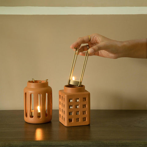 Lupa Terracotta Square Lantern W/Metal Handle - Small - ellementry