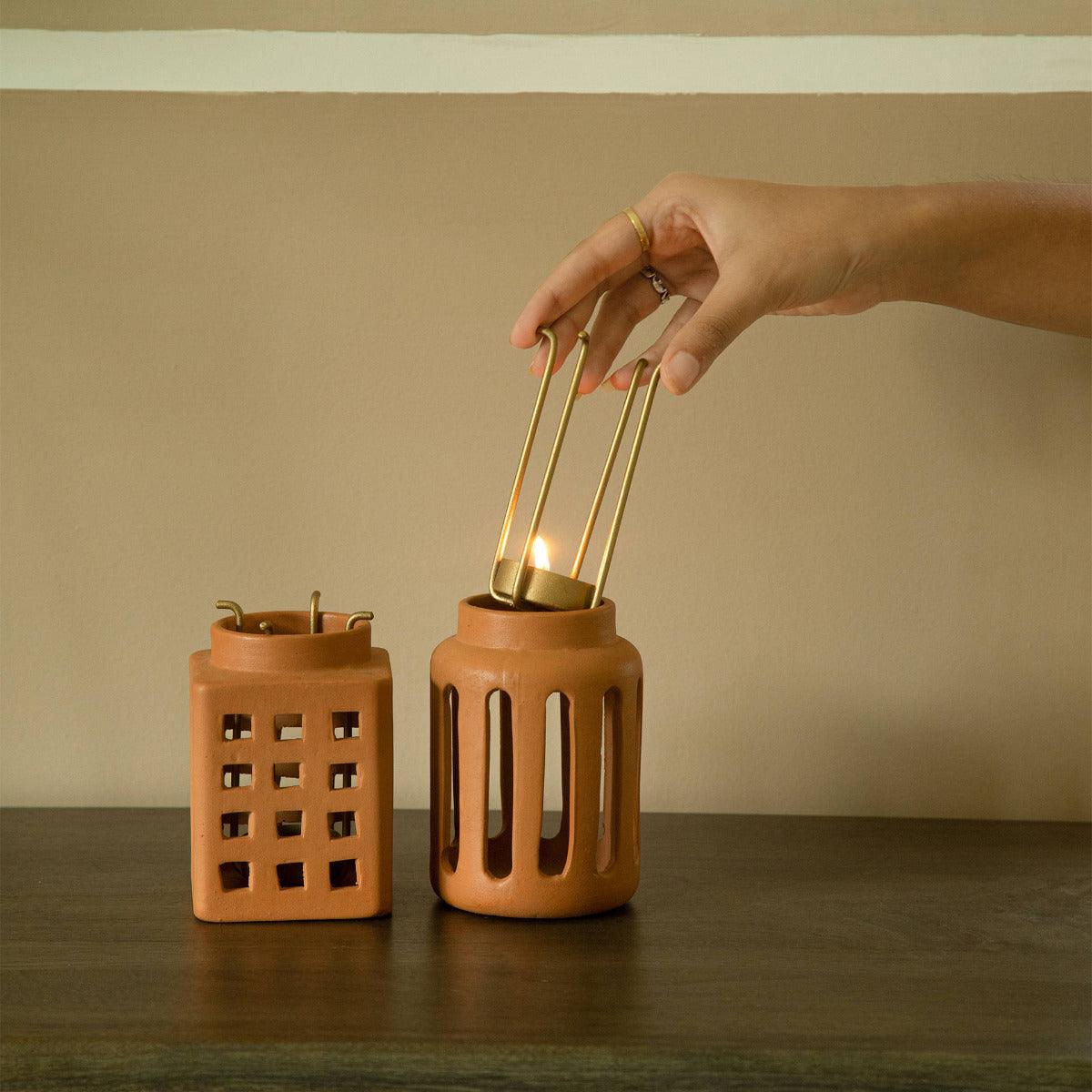 Lupa Terracotta Square Lantern W/Metal Handle - Small