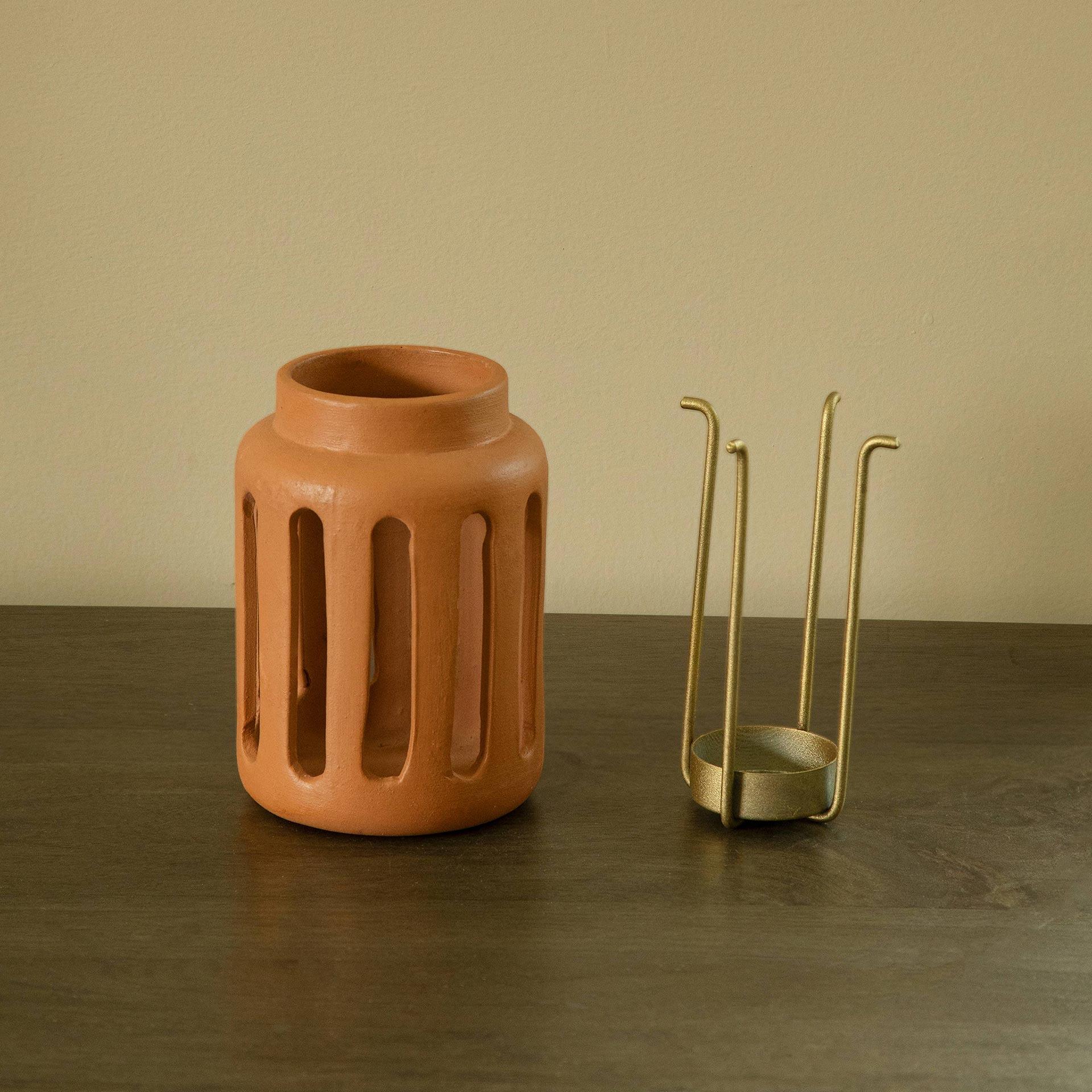 Lupa Terracotta Round Lantern W/Metal Handle - Small