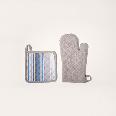 blue and multicolour cotton mitt and pot holder - ellementry