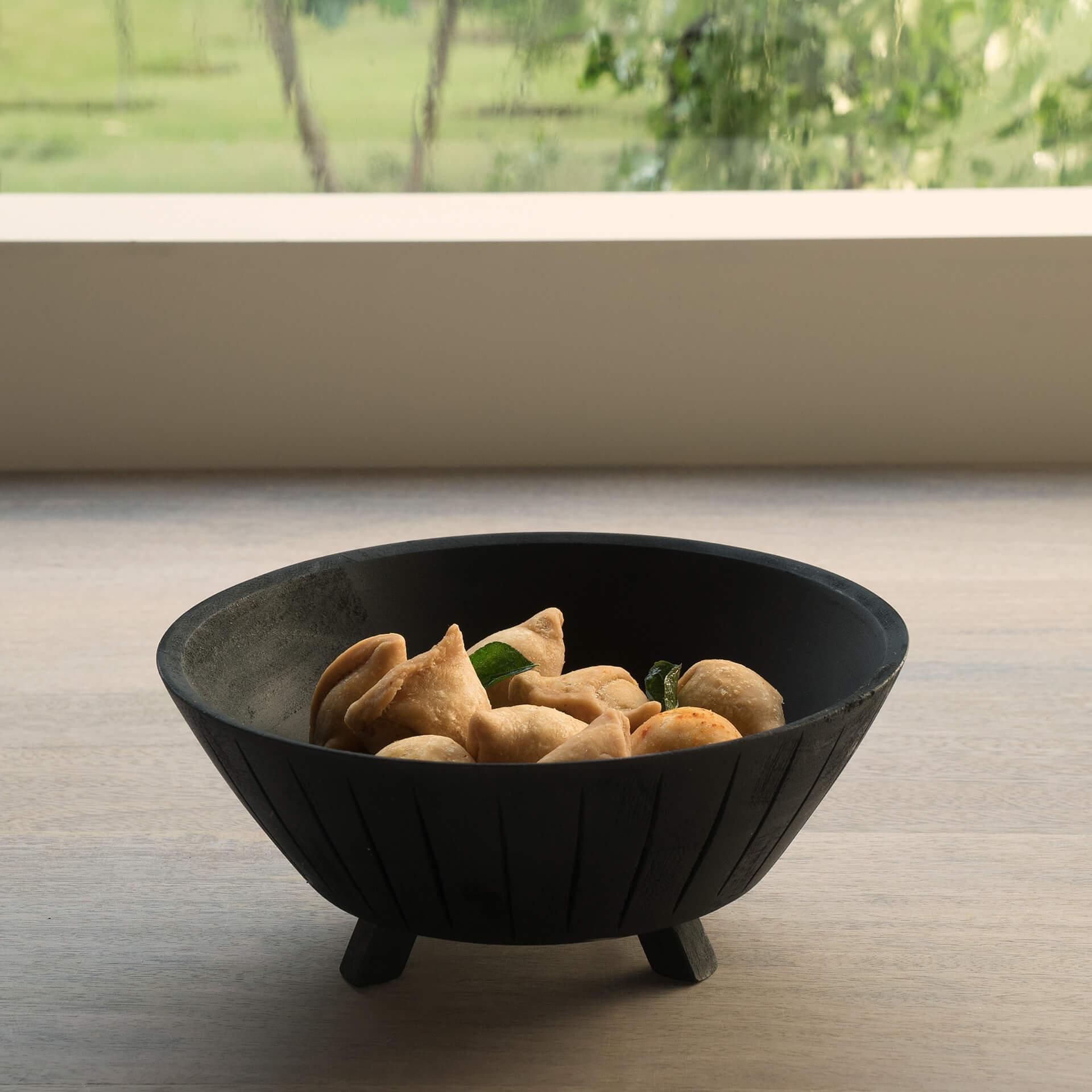 black tribal mango wood bowl with stand- large