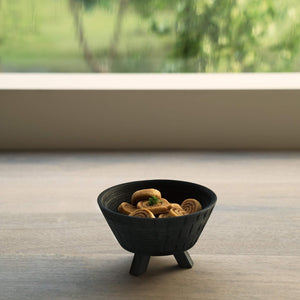 black tribal mango wood bowl with stand- small