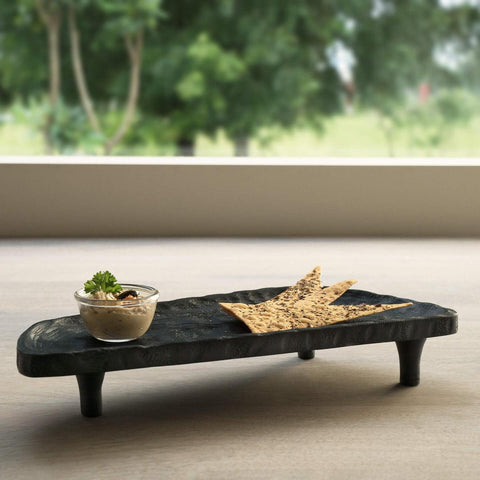 tribal mango wood platter with legs asymmetrical black - ellementry