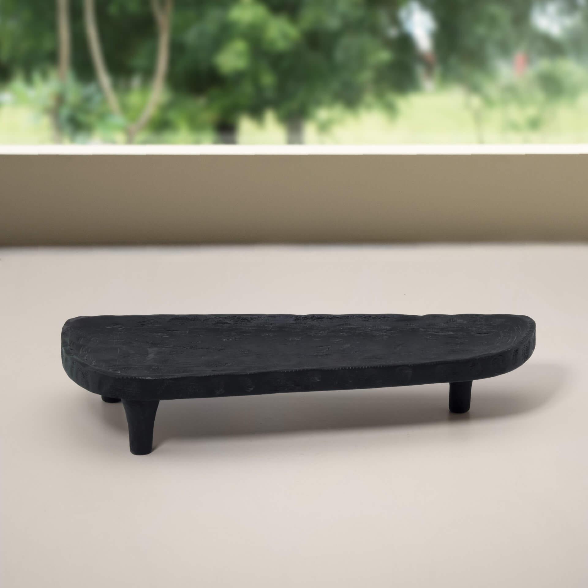 tribal mango wood platter with legs asymmetrical black