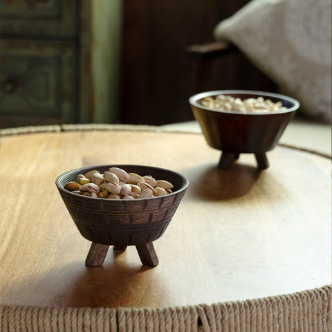 TRIBAL MANGO WOOD BOWL WITH STAND SMALL BROWN - ellementry
