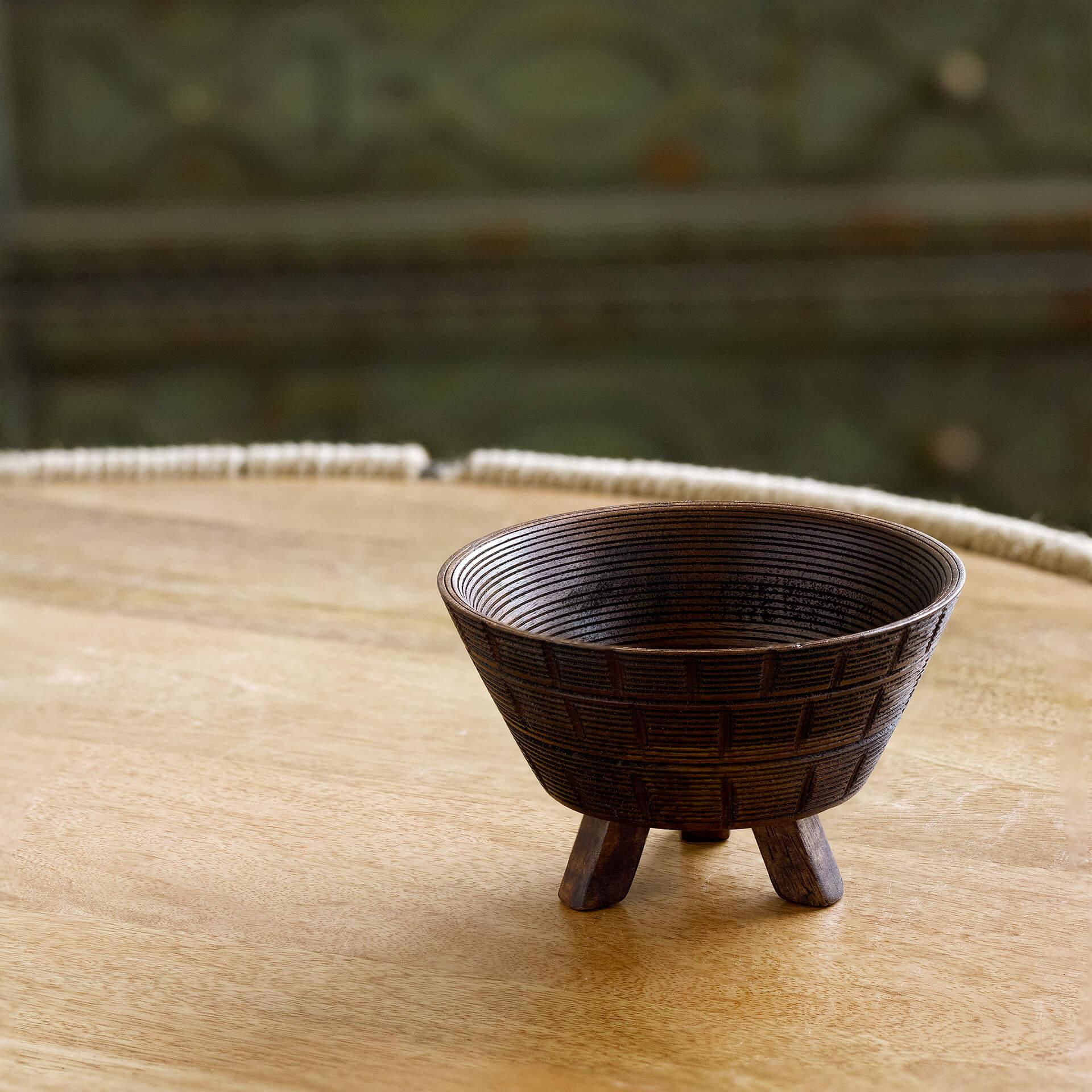 Tribal Mango Wood Bowl With Stand Small Brown