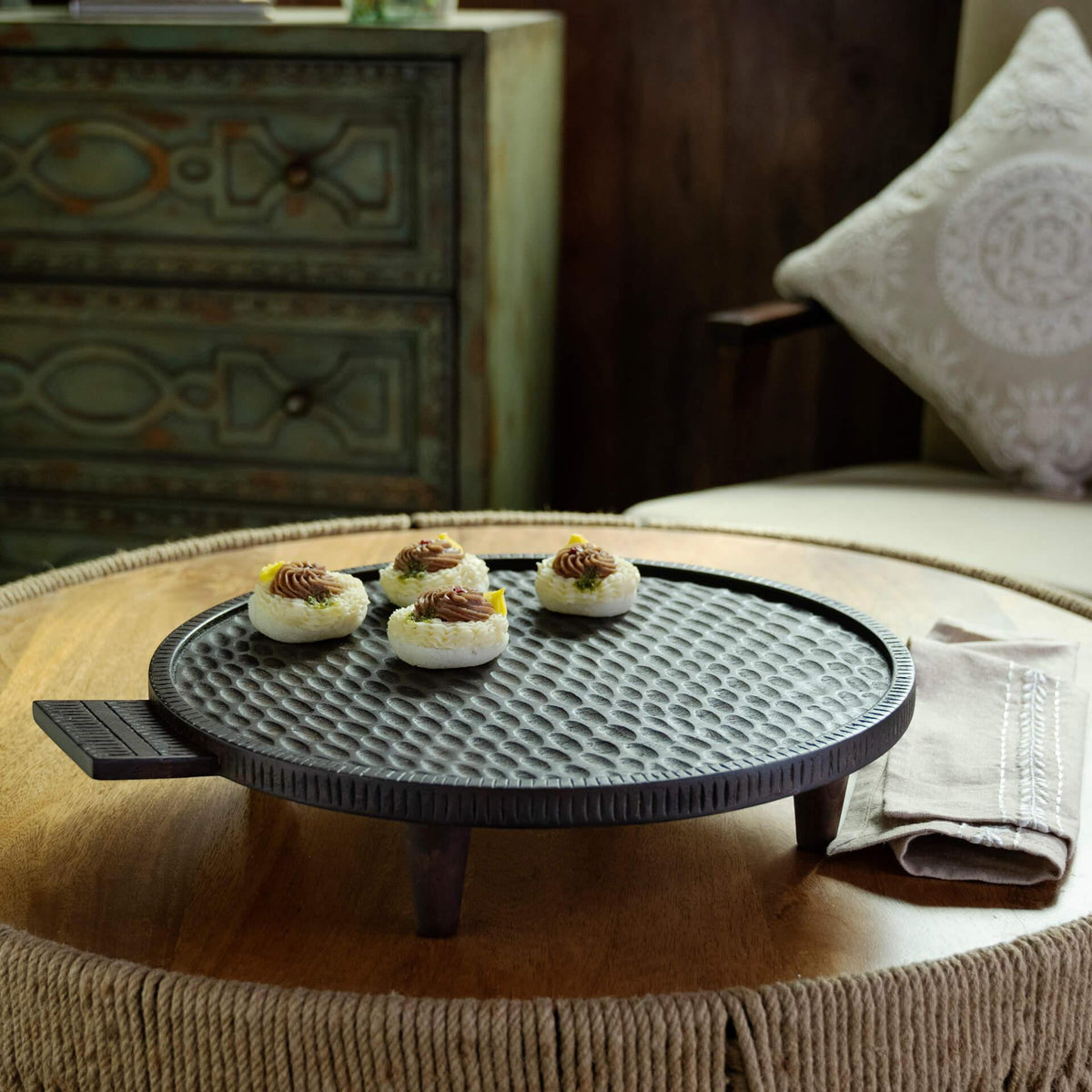 Tribal Mango Wood Platter With Legs Round Brown - ellementry