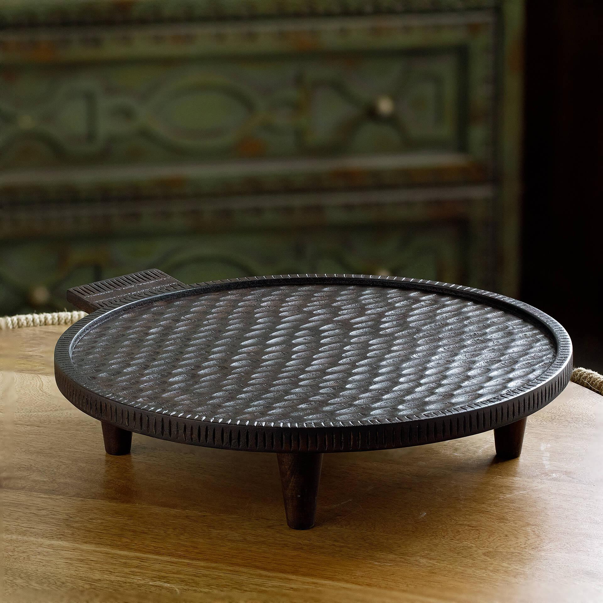 Tribal Mango Wood Platter With Legs Round Brown