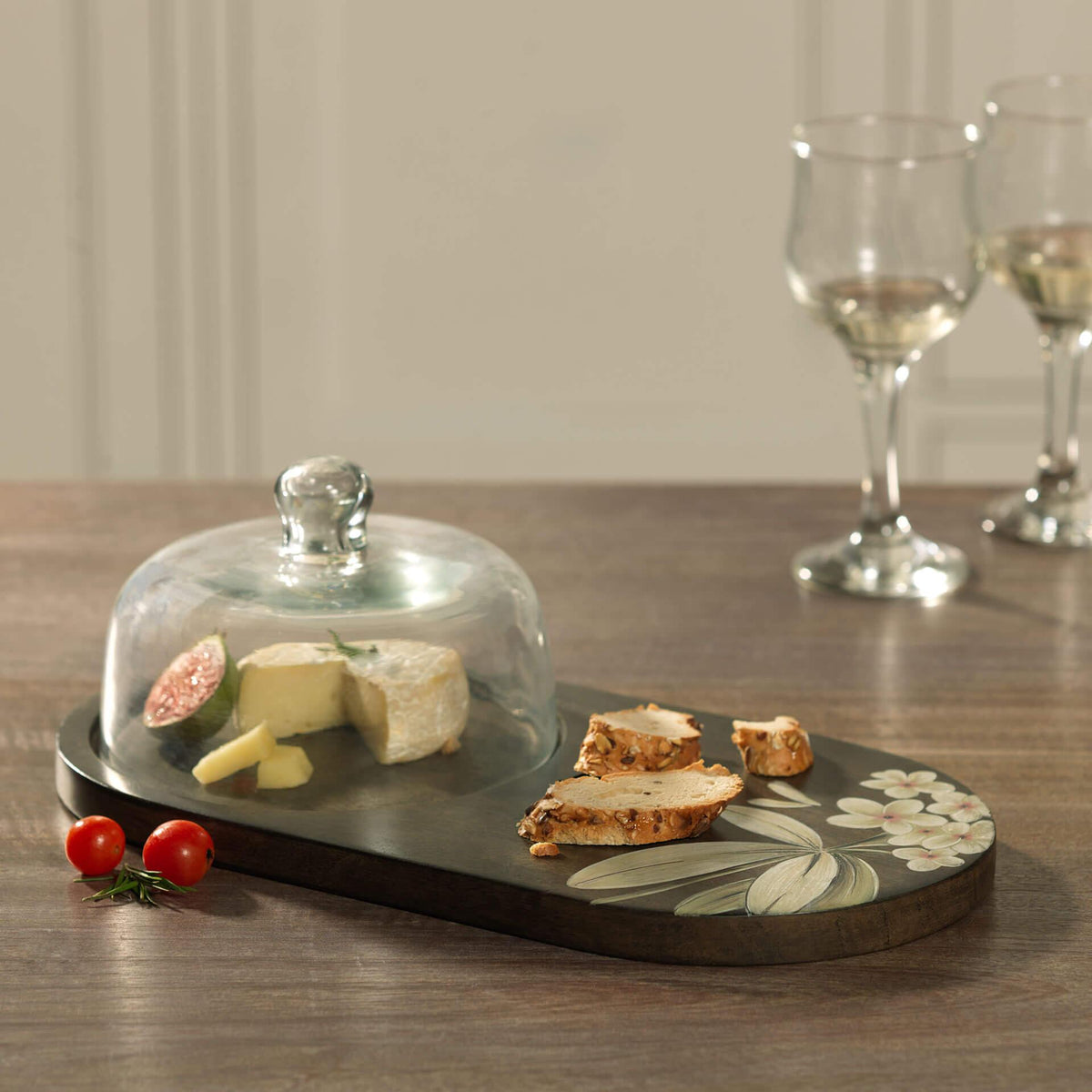Frangipani Glass Cloche with Wooden Platter - ellementry