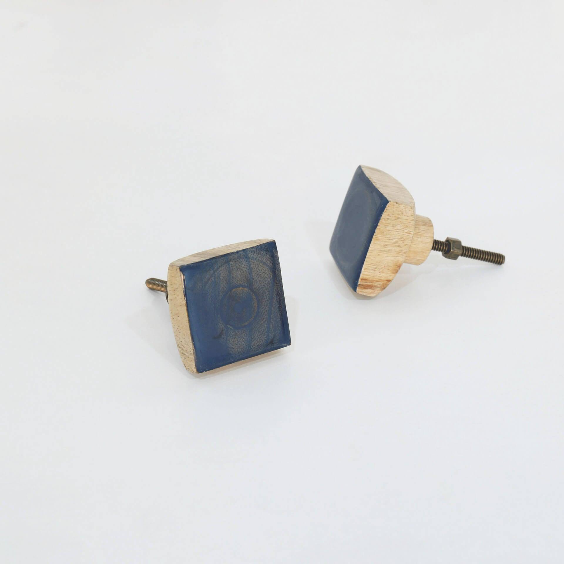 blue wood knob- square (set of 2)