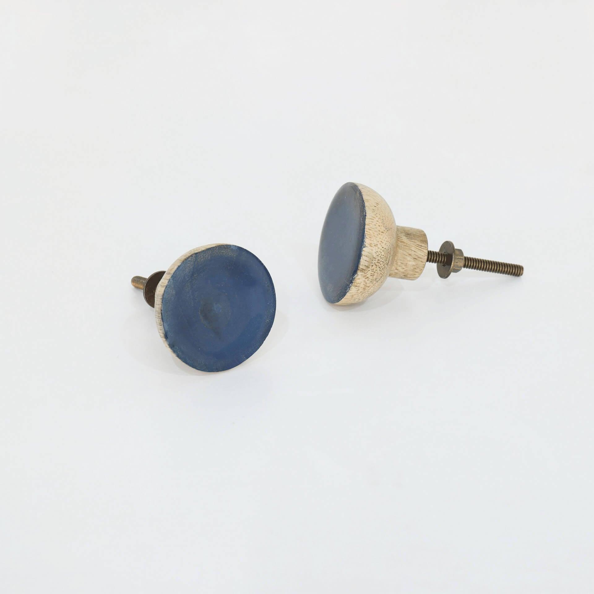 blue wood knob- round (set of 2)