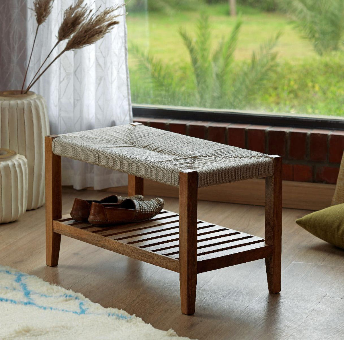 Twine Wooden Bench with Rack (White) - ellementry