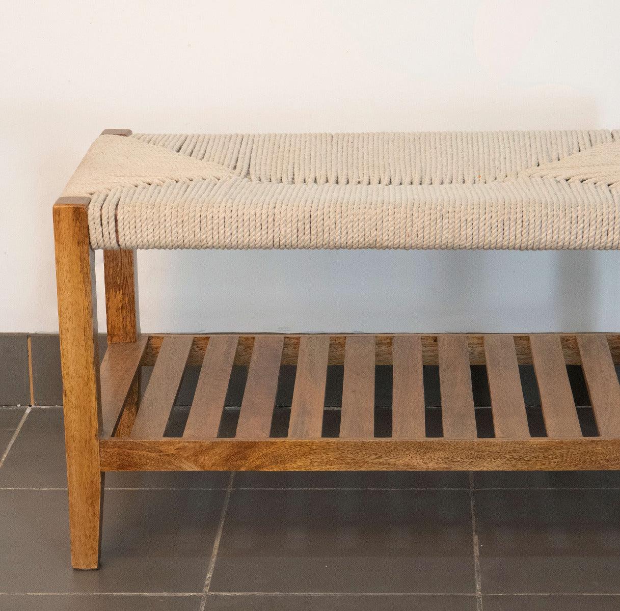 Twine Wooden Bench with Rack (White)