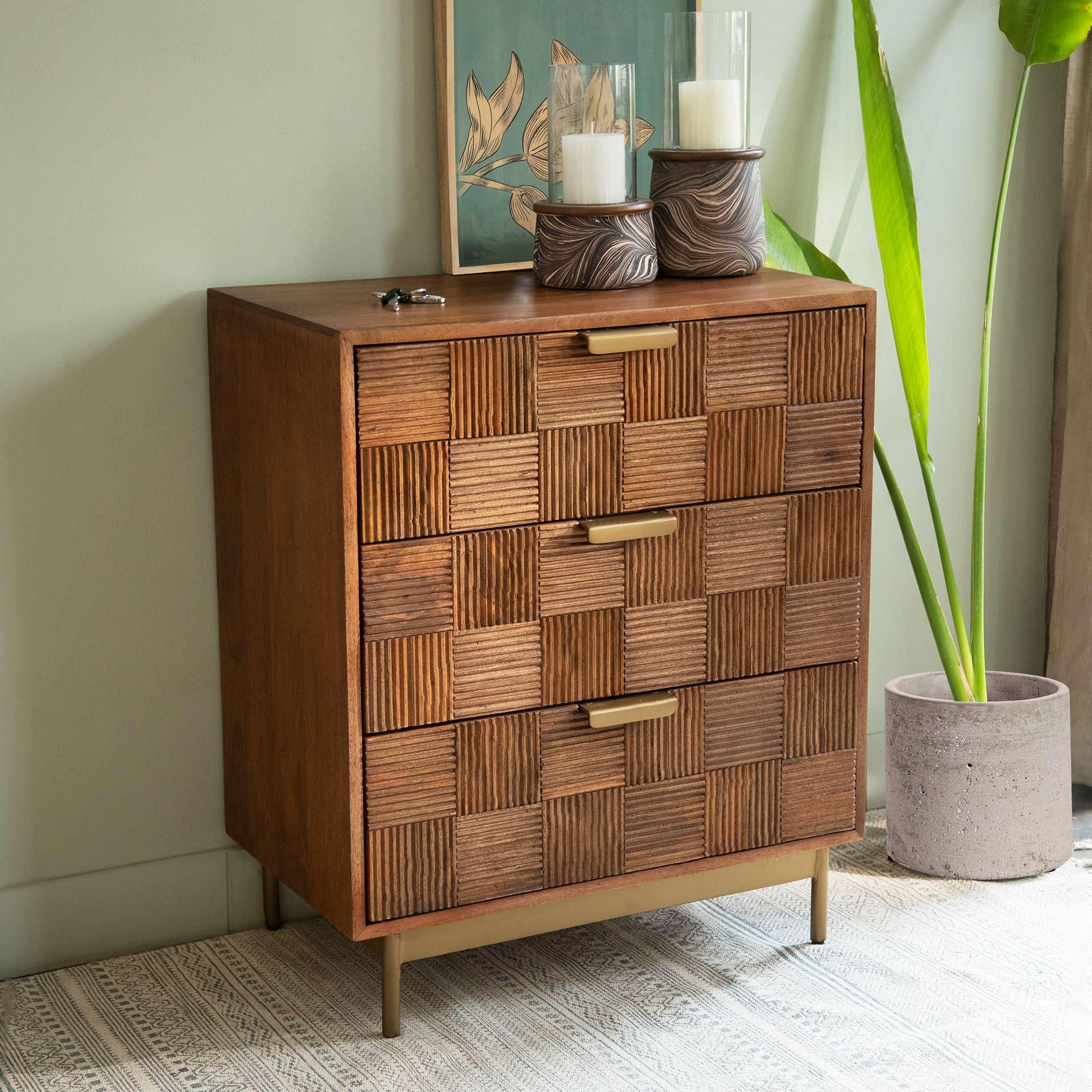 Bruno triple drawer chest with metal stand