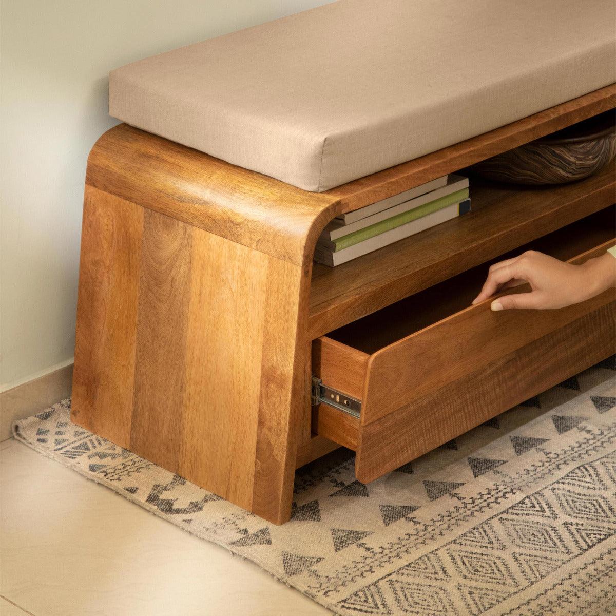 West Village Upholstered Cushion Bench With Drawer