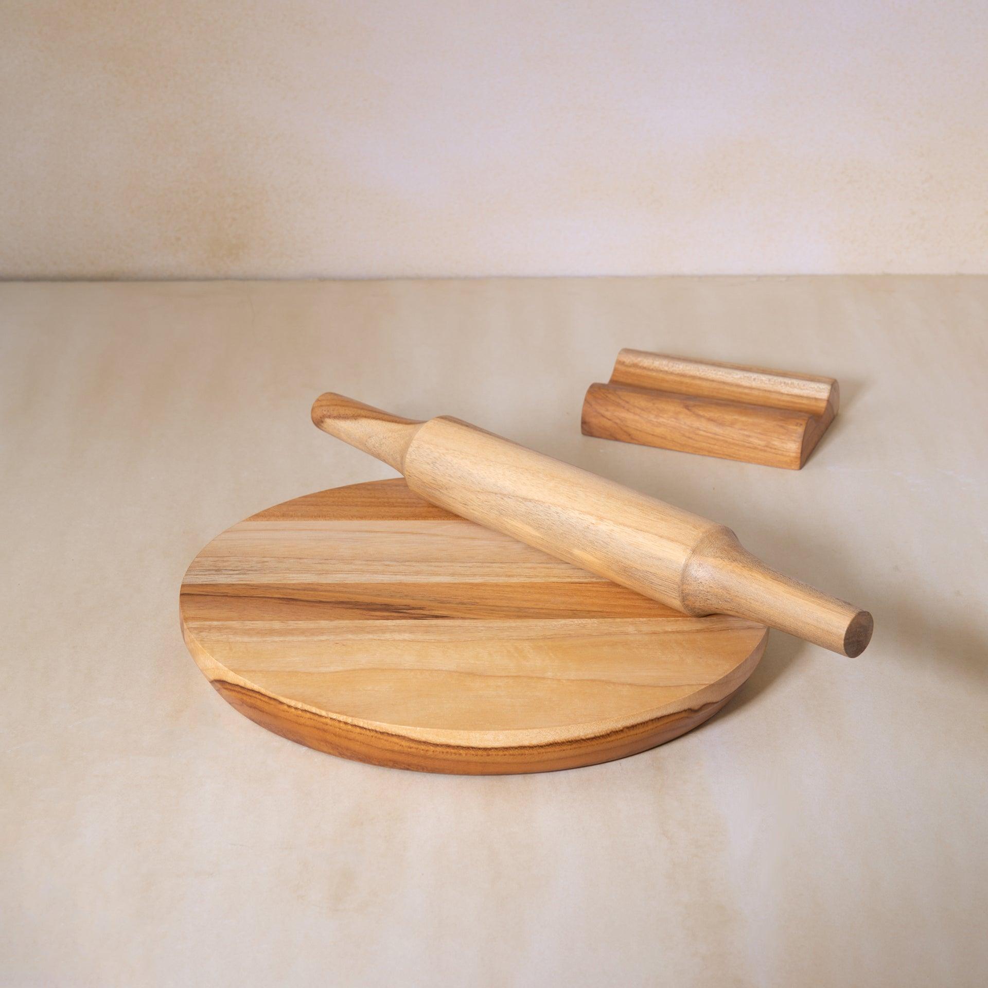 in teak wooden chakla belan with stand- small