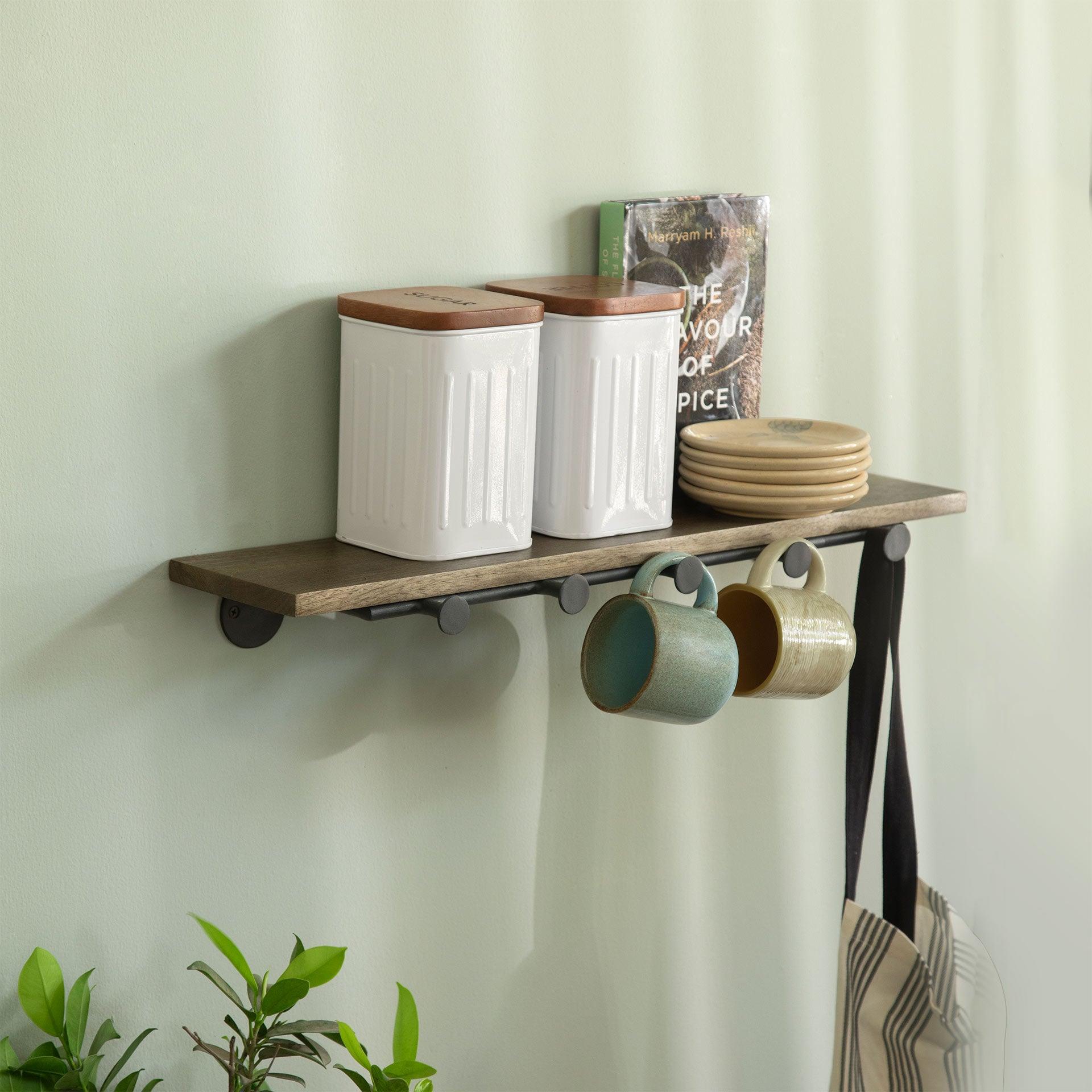 Aaron wooden wall shelf with 5 hooks