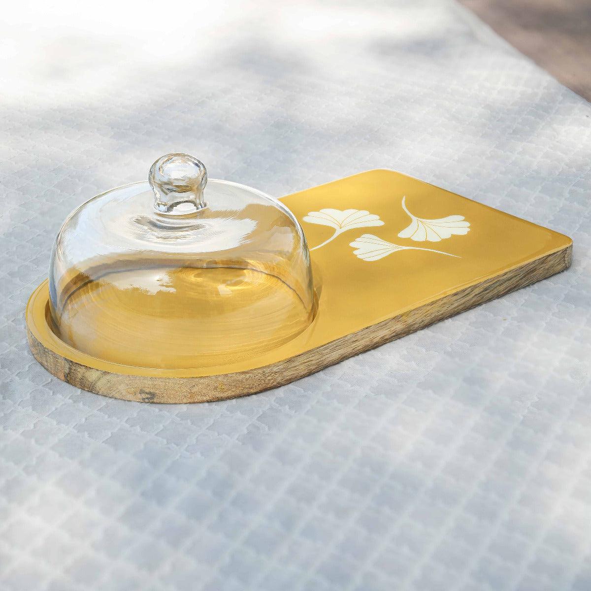Aria Wooden Platter With Glass Cloche