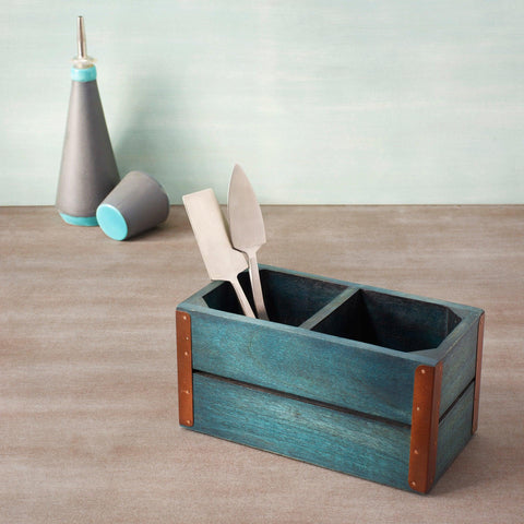 blue wood cutlery stand - ellementry