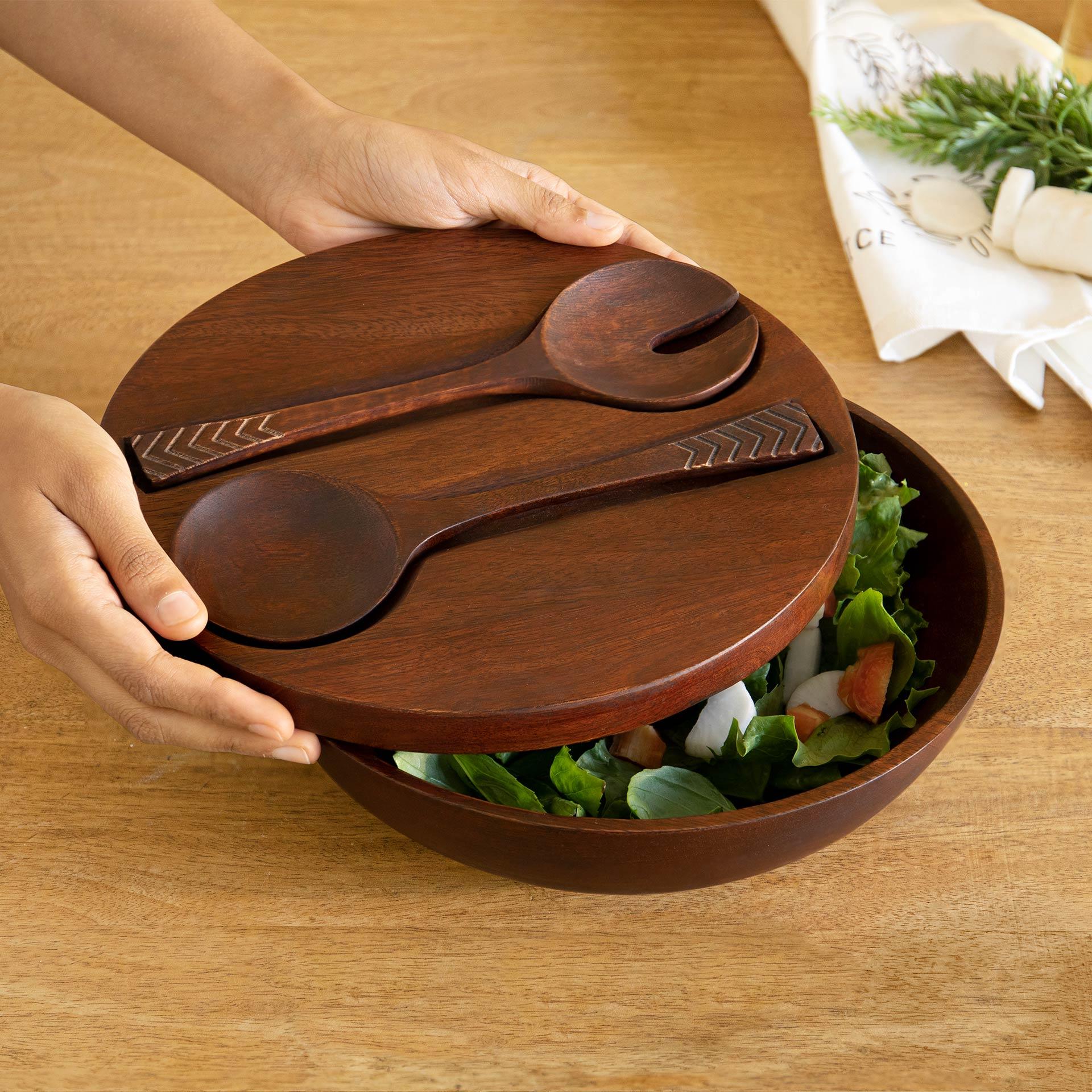 Zest Wooden Salad Bowl Set of 2 with Server & Lid