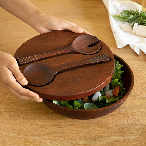 Zest Wooden Salad Bowl Set of 2 with Server & Lid - ellementry